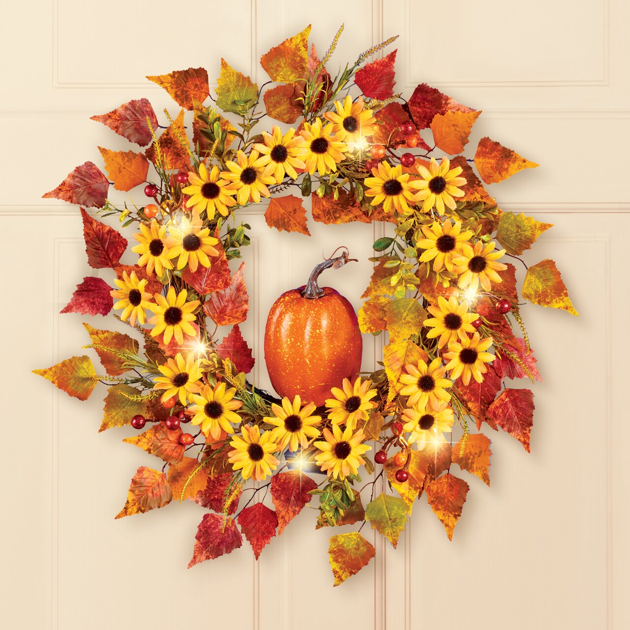 Collections Etc LED Lighted Fall Colorful Floral Pumpkin Hanging Wreath